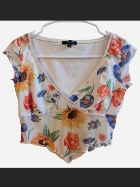 dELia*s White Floral Crop Top With Sheer Layer, Size Small
